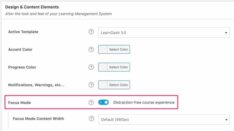 LearnDash Focus Mode setting turned on
